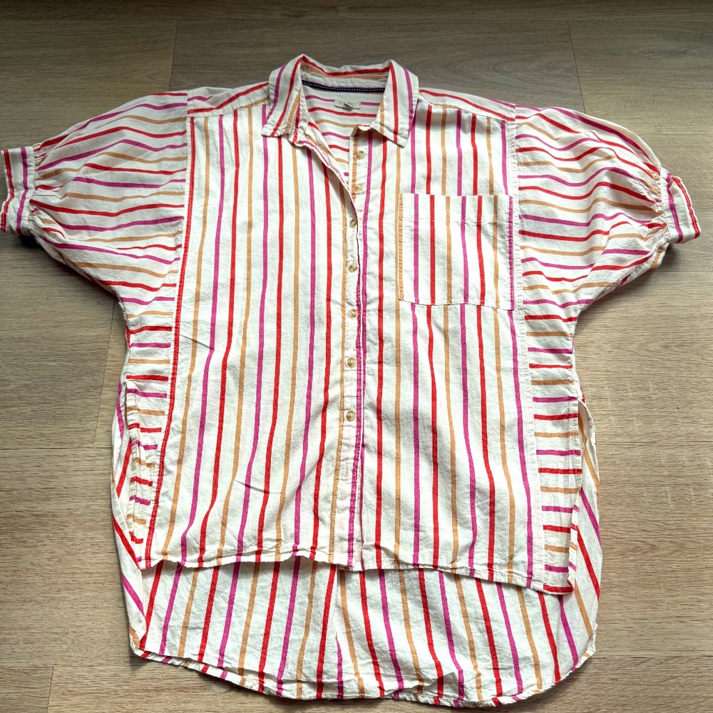 Pilcro Striped Puff Sleeve Button-Down Top (XXS - Oversized Fit)